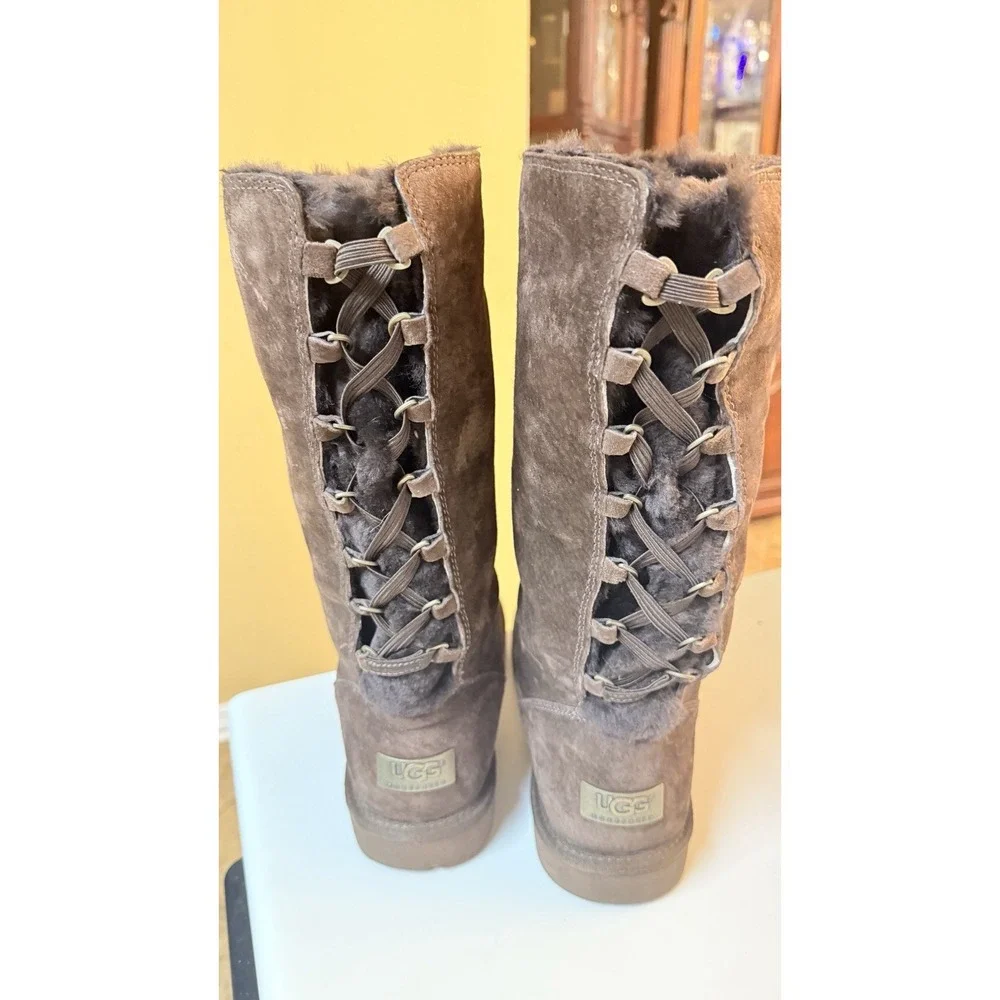 UGG Roseberry Sheepskin Tall Boots Womens 8 Brown Shearling Y2K Cozy Winter Boho